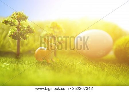 Little Easter Bunny On Spring Green Grass. Macro.