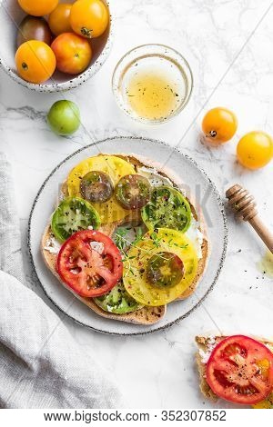 Italian Appetizer Friselle With Tomatoes, Cheese And Thyme. Italian Cuisine. Healthy Vegetarian Food
