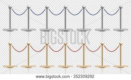 Rope Barrier. Realistic Silver Gold Steel Stands With Velvet Cords. Festival Or Theater, Cinema Or M