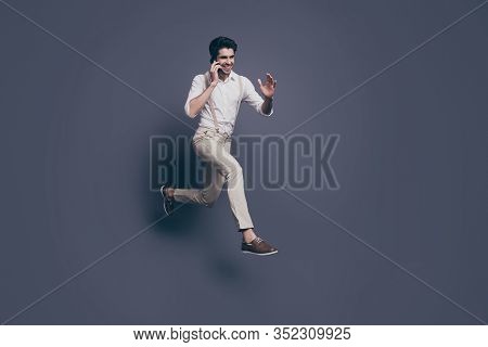 Look Incredible Discounts. Full Size Profile Side Photo Excited Macho Man Speak Phone Talk Listen Bl