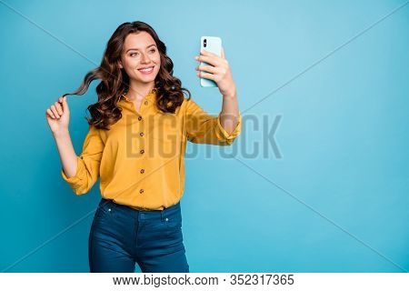 Poortrait Of Her She Nice Attractive Charming Pretty Cheerful Cheery Wavy-haired Lady Taking Making 