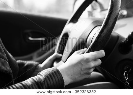 Woman Driving Car. Traveling By Car On The Road. Woman Driving Car In Highway.travel By Car In Highw