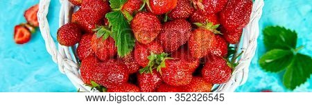 Banner Of Strawberries In White Basket. Fresh Strawberries. Beautiful Strawberries.