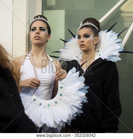Sitges, Spain - February 23, 2020: People At Last Day Of Sitges Carnival. Burial Carnestoltes - 