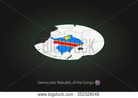 Congo-kinshasa Map In Dark Color, Oval Map With Neighboring Countries. Vector Map And Flag Of Dr Con
