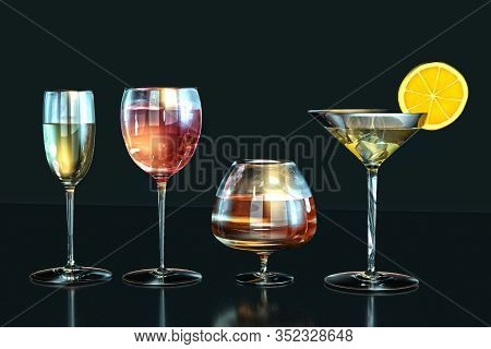 3d Illustration Of Cognac, Wine, Red Wine, Martini Glasses Lemon Slice In Row On Dark Background