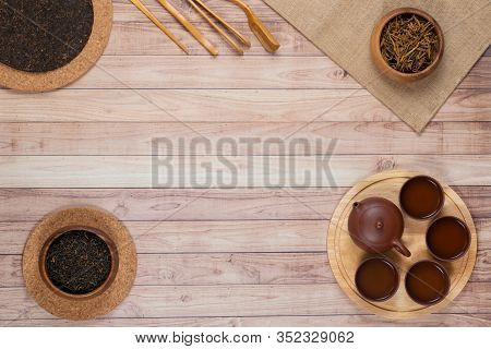 Flat Layouy Template With Chinese Clay Tea Set And Chinese Tea And Accessories