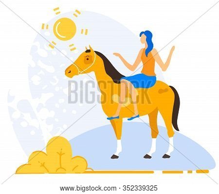 Advertising Poster Horse Riding Lessons Cartoon. Vector Illustration. Banner Girl Sitting On Horse. 