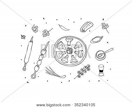 Georgian Dishes. Vector Illustration Of A Georgian Cuisine Set. Khinkali, Barbecue Shashlik... Vecto
