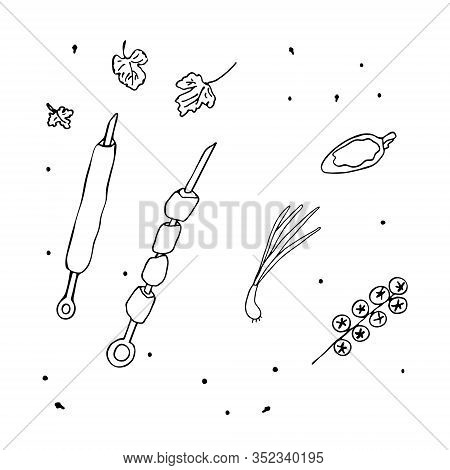 Hand-drawn Kebabs, Tomatoes, Sauce. Isolated On A White Background. Stock Vector Illustration. Black