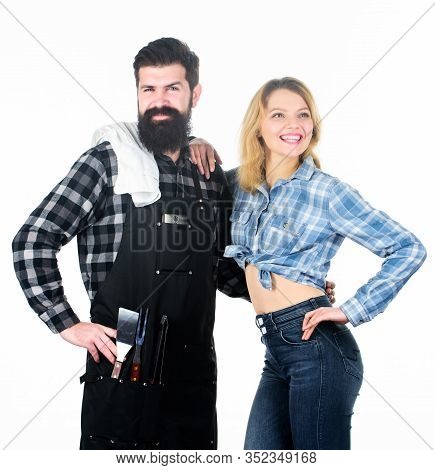 Picnic And Barbecue. Man Bearded Hipster And Girl Ready For Barbecue White Background. Backyard Barb