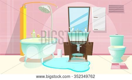 Sink Repair Flat Cartoon Vector Illustration. Sink Installing Renovation In Bathroom, Faucet With Wa