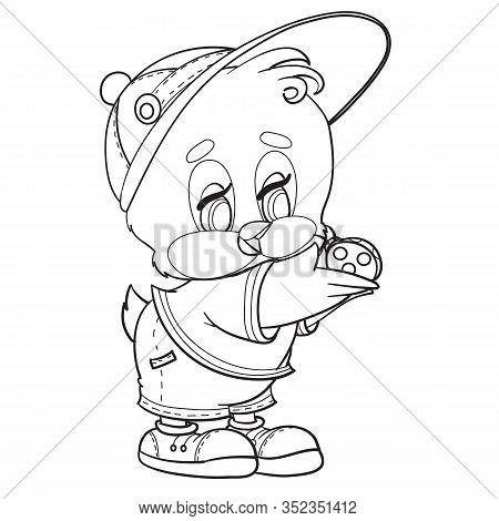 Duckling In Shorts, A T-shirt And A Cap Holding A Small Insect In His Hands, Drawing In Outline, Iso