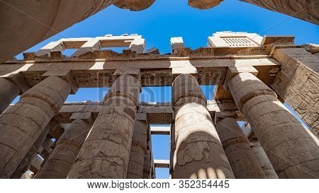 Karnak Temple In Luxor, Egypt. The Karnak Temple Complex, Commonly Known As Karnak, Comprises A Vast