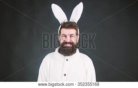 Easter Bunny. White Bunny Symbol Of Easter Holiday. Soft And Tender. Guy With Long Bunny Or Rabbit E