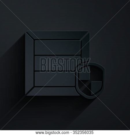 Paper Cut Delivery Pack Security With Shield Icon Isolated On Black Background. Delivery Insurance. 