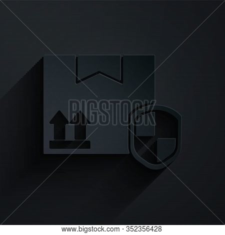 Paper Cut Delivery Pack Security With Shield Icon Isolated On Black Background. Delivery Insurance. 