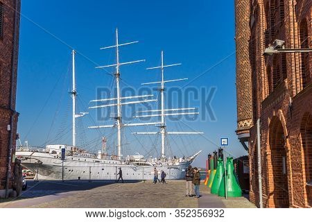 Stralsund, Germany - April 18, 2019: Historic Gorch Fock Sailing Ship In The Harbor Of Stralsund, Ge