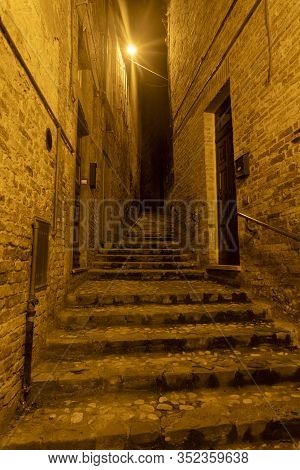 Ripatransone, Ascoli Piceno, Marches, Italy: Typical Street Of The Historic Town At Evening