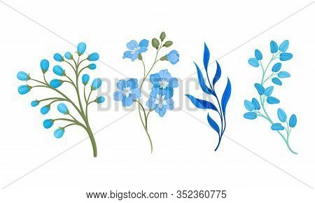 Blue Full-blown Flowers And Leaves Decorative Elements Vector Set