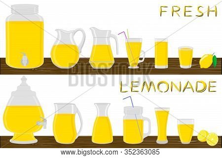 Illustration On Theme Big Kit Different Types Glassware, Lemonade In Jugs Various Size. Glassware Co