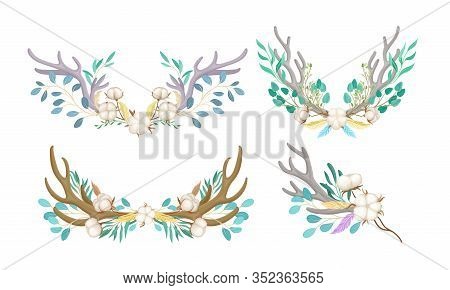 Botanical Composition With Deer Horns And Cotton Flowers Vector Set