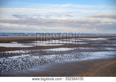Dutch Landscape, North Sea Sandy Beach During Low Tide Near Castricum Aan Zee, Winter In Netherlands