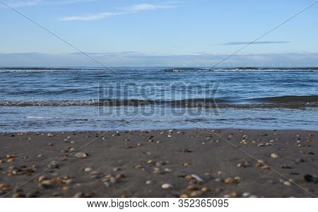 Dutch Landscape, North Sea Sandy Beach During Low Tide Near Castricum Aan Zee, Winter In Netherlands