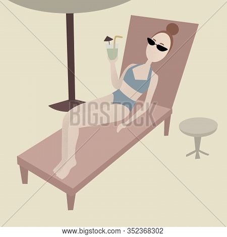 Beautiful Brunette Woman In Swimsuit Laying On Sunbed With Cocktail In Hand. Summer Vacation Concept