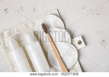 Zero Waste, Sustainable Bathroom And Lifestyle. Bamboo Toothbrush, Cotton Make-up Removal Pads, Home