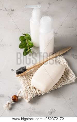 Zero Waste, Sustainable Bathroom And Lifestyle. Bamboo Toothbrush, Natural Soap, Homemade Diy Beauty