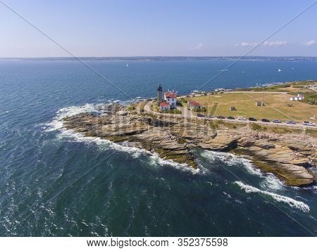 Beavertail Lighthouse In Beavertail State Park Aerial View In Summer, Jamestown, Rhode Island Ri, Us