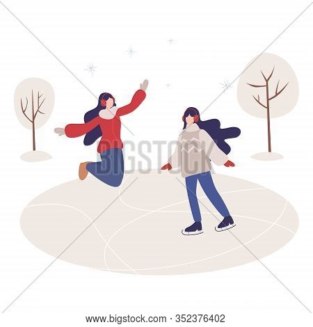 Two Woman Ice Skating. Young Happy Wman Doing Sport.
