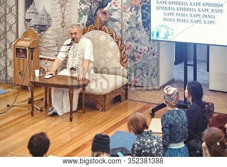 Moscow, Russia - 24 Feb 2020: Iskcon Temple Moscow. Guru Gives A Lecture In The Iskon Temple. Devote