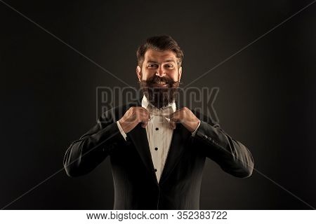 Perfect Groom. Bearded Man With Bow Tie. Well Dressed Scrupulously Neat. Hipster Formal Suit Tuxedo.