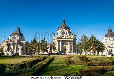 Budapest, Hungary - February 2020:  Széchenyi Thermal Bath Exterior View In Budapest - One Of The La