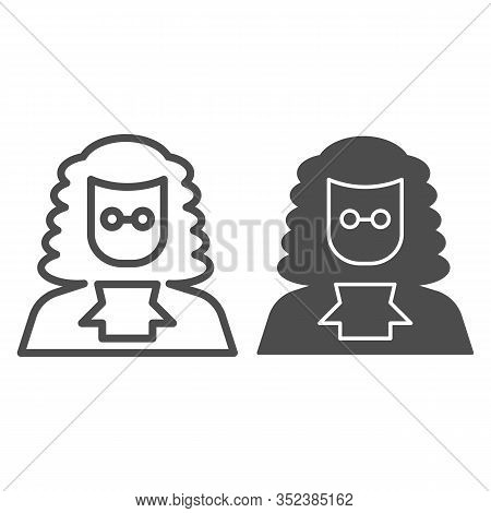 Judge In A Wig Line And Solid Icon. A Lawyer With Peruke And Glasses. Jurisprudence Design Concept, 