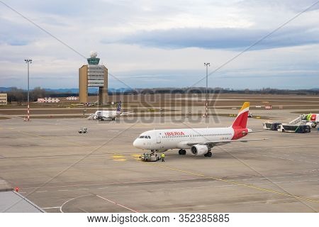 Budapest, Hungary - February 2020: Iberia Airlines Aircraft On Runway Of Budapest Ferenc Liszt Inter
