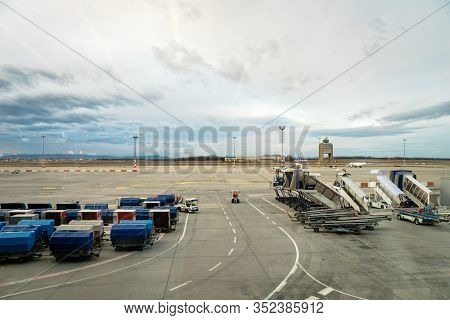Budapest, Hungary - February 2020:  Ferenc Liszt International Airport Budapest Runway View. Ferenc 