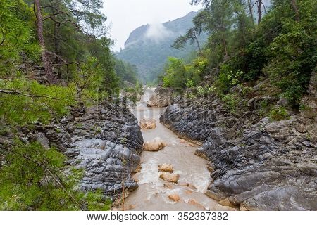 rainy landscape with mountain river in Goynuk Canyon, Turkey. famous Lician tourist way.