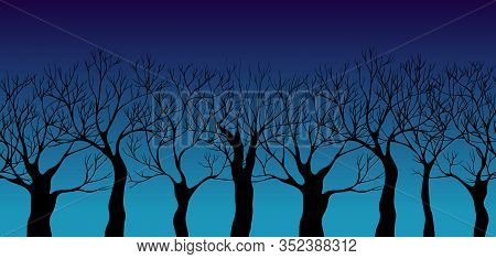 Vector Seamless Border. Black Hand Drawn Trees On Dark Blue Sky. Autumn Night.