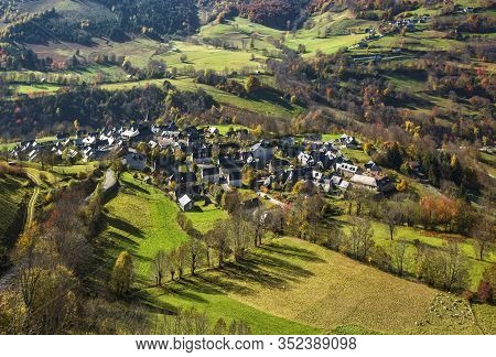 Autumn Image Of The Azet Village Located In Pyrenees Mountains.