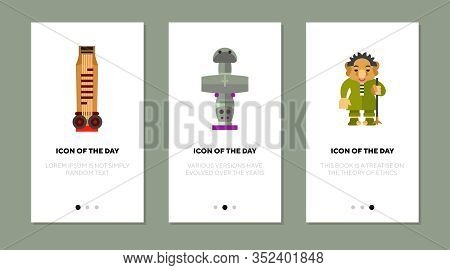 Tradition Symbols Flat Icon Set. Gayageum, Pomos Idol, Norwegian Troll Isolated Vector Sign Pack. Co