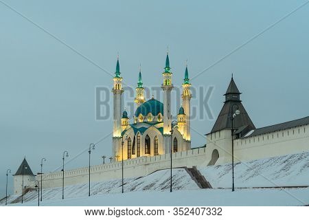 White Mosque With Blue Domes In The Evening, Blue Sky. Kazan Kremlin, The Main Cathedral Juma Mosque