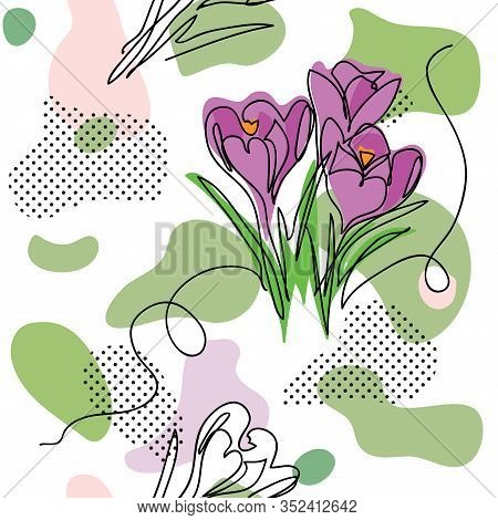 Spring Flowers Modern Vector Pattern In Memphis Style. Crocuses Flowers Background, Memphis Textile 