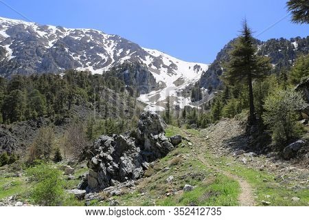 landscape with pathway to Dathaly Dagi mountain. Famous Lician Way tourist path in Turkey
