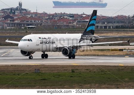 Istanbul / Turkey - March 27, 2019: Afriqiyah Airways Airbus A320 5a-onb Passenger Plane Departure A