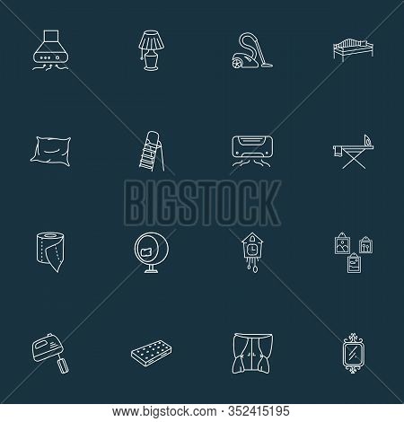 Interior Icons Line Style Set With Stepladder, Pillow, Air Conditioner And Other Tissue Roll Element