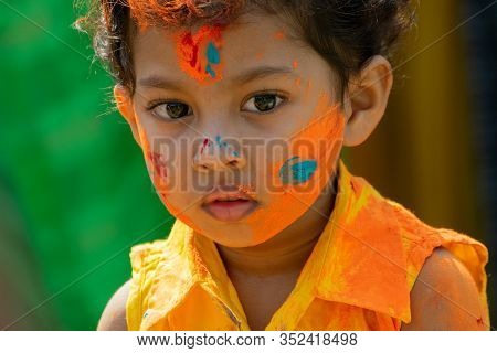 Kolkata, India - March 21st, 2019 : Thoughtful Expression Of Beautiful Young Boy With Spring Festive