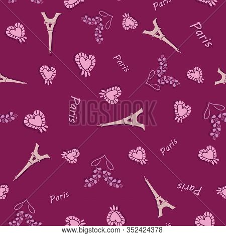 Sweet Romance-love In Parise Seamless Repeat Pattern With Eiffel Tower, Modern Hearts And Lavender I